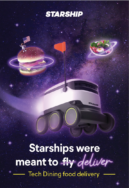 starship robot flying through space with a hamburger planet and a salad planet.  The graphic says: Starships were meant to deliver.