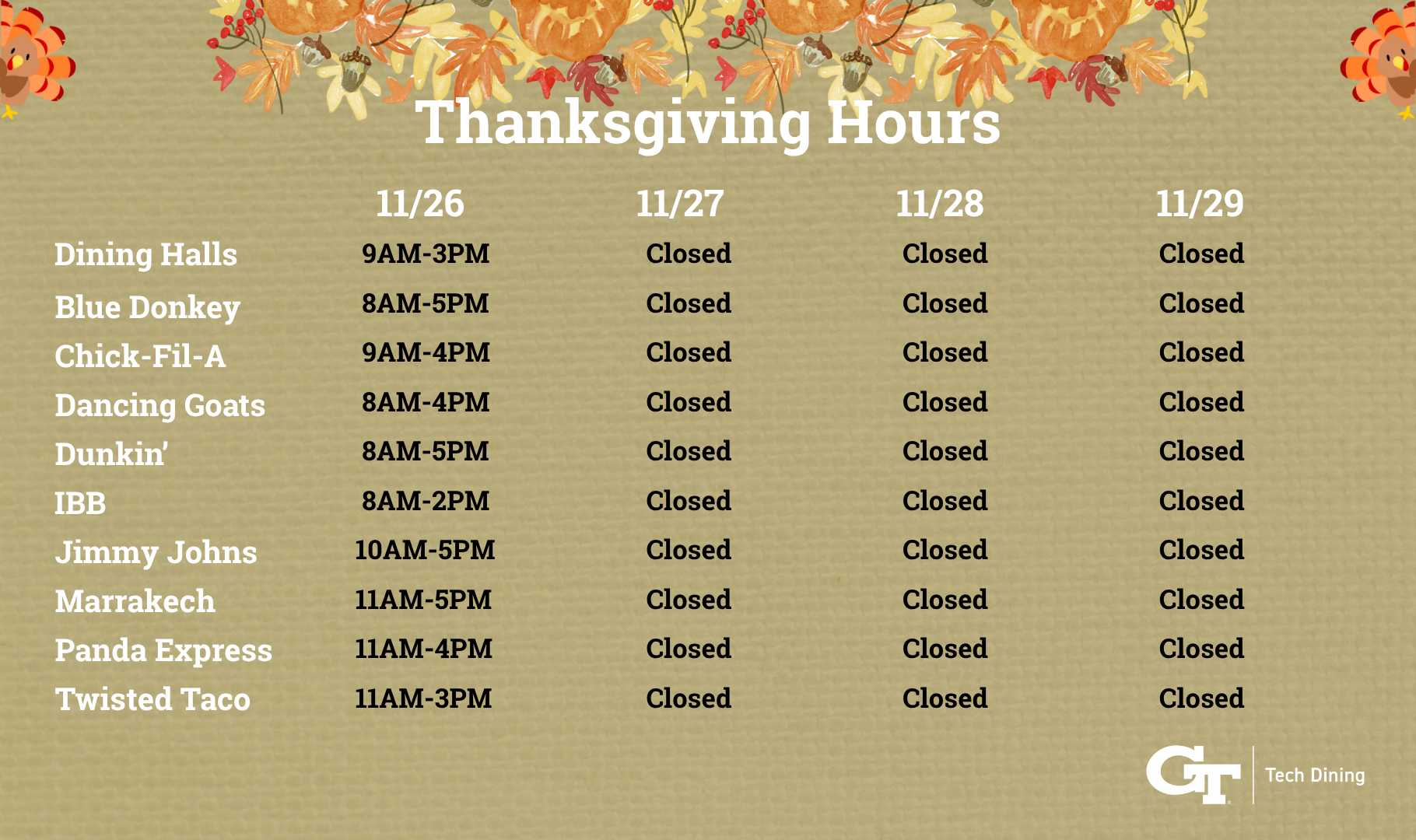 Thanksgiving Hours of Operation 2025