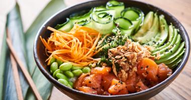 salmon poke bowl (avocado, salmon, carrot, cucumber, red cabbage, radish and rice) By anna_shepulova
